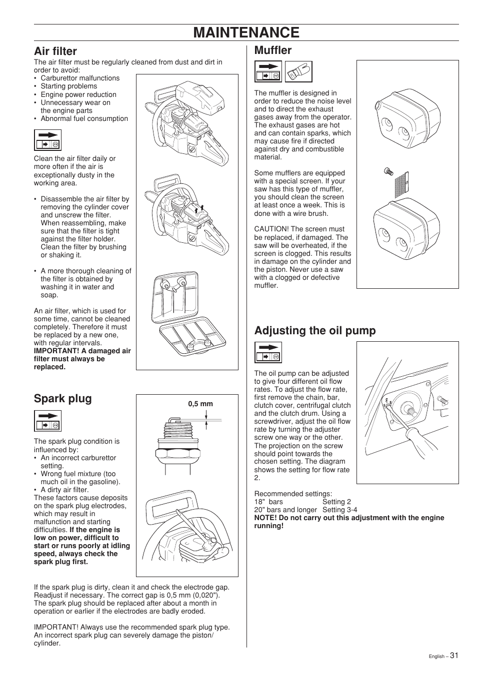 Maintenance, Air filter, Spark plug | Muffler, Adjusting the oil pump | Husqvarna 281XP User Manual | Page 31 / 36