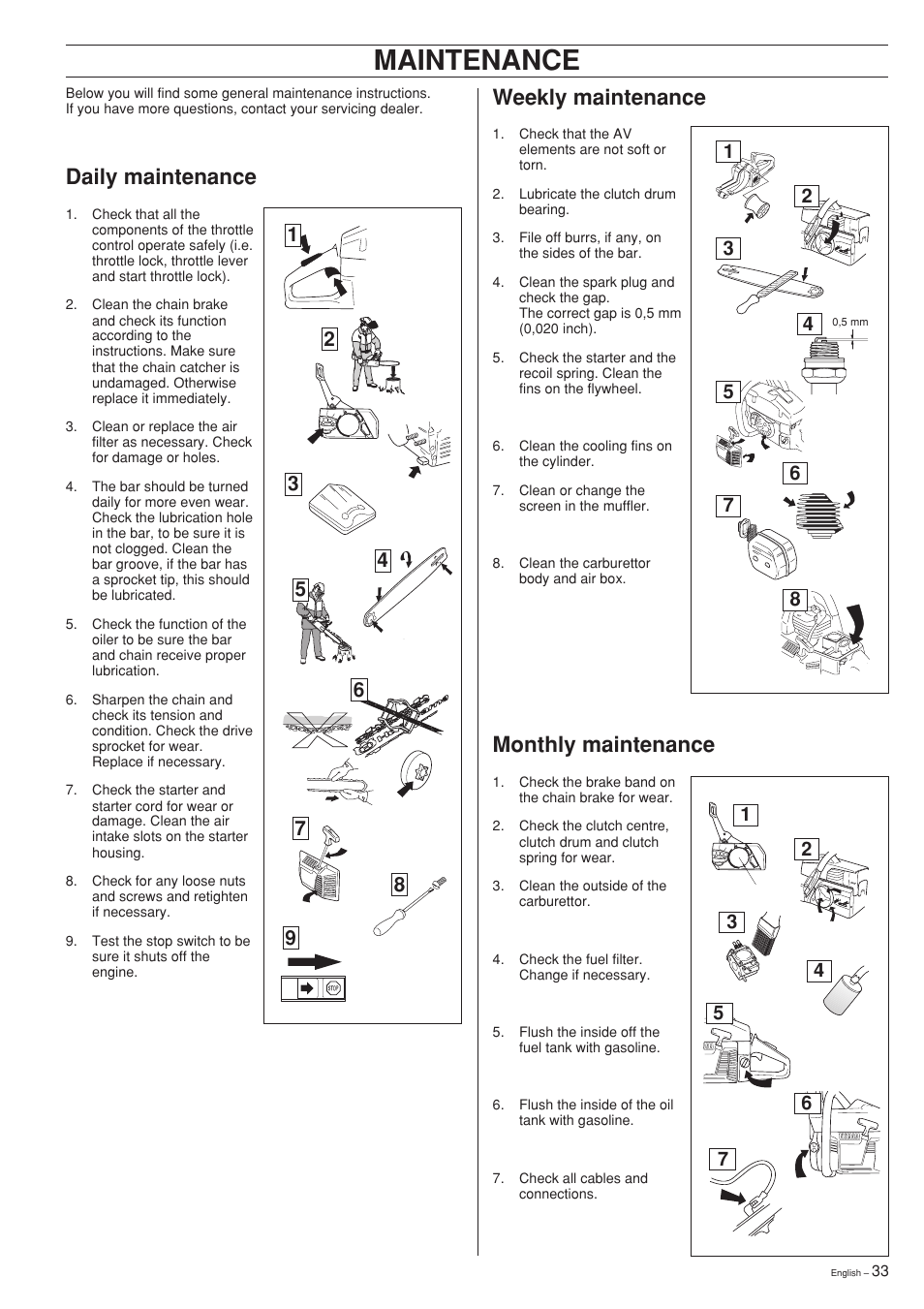 Daily maintenance, Weekly maintenance, Monthly maintenance | Maintenance | Husqvarna 281XP User Manual | Page 33 / 36