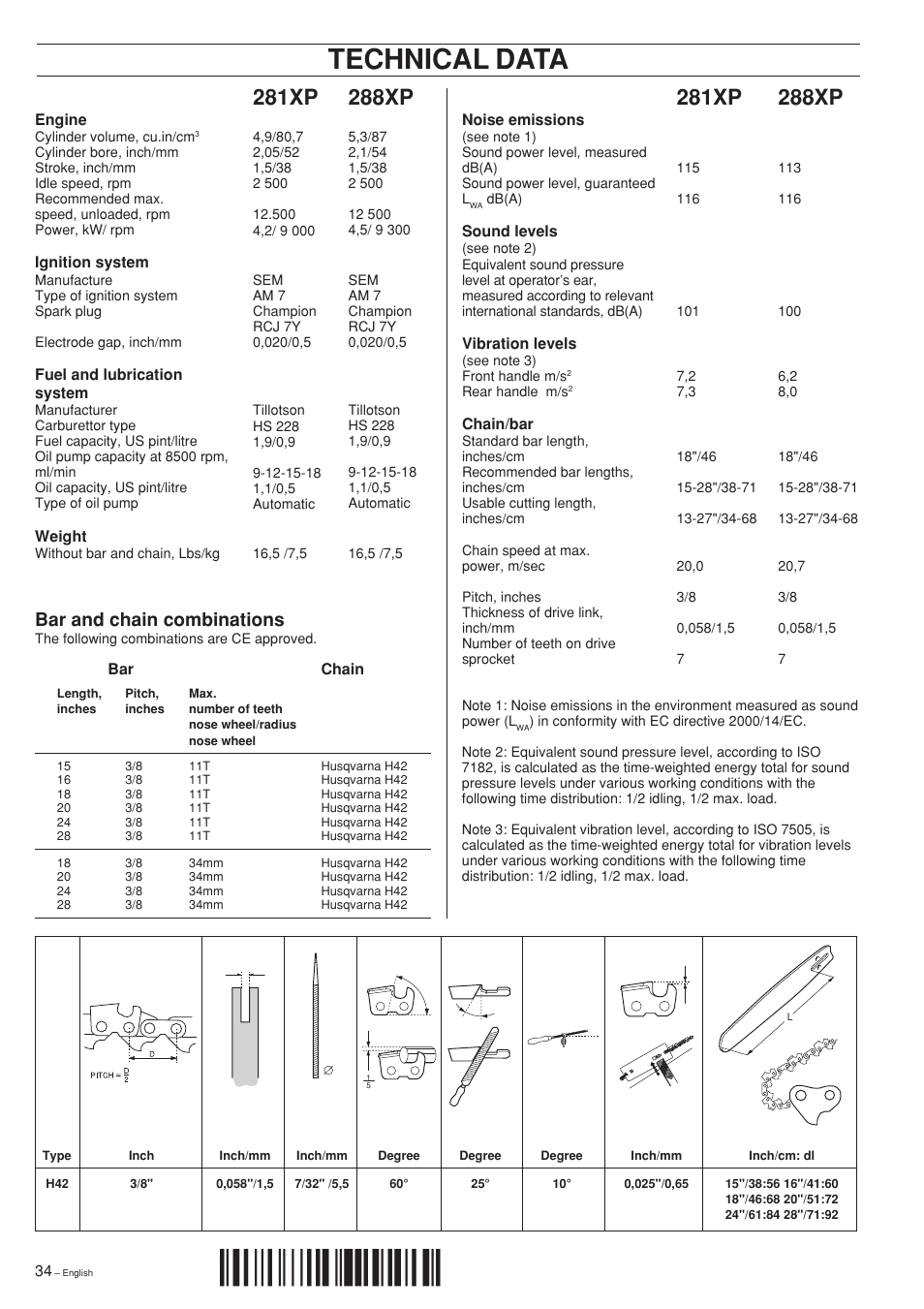 Technical data, Bar and chain combinations, H%t¶65 | 288xp, 281xp | Husqvarna 281XP User Manual | Page 34 / 36