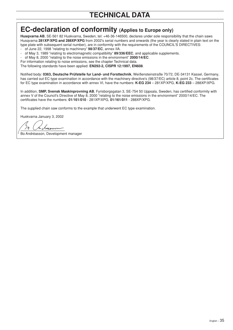 Ec-declaration of conformity, Technical data ec-declaration of conformity, Applies to europe only) | Husqvarna 281XP User Manual | Page 35 / 36