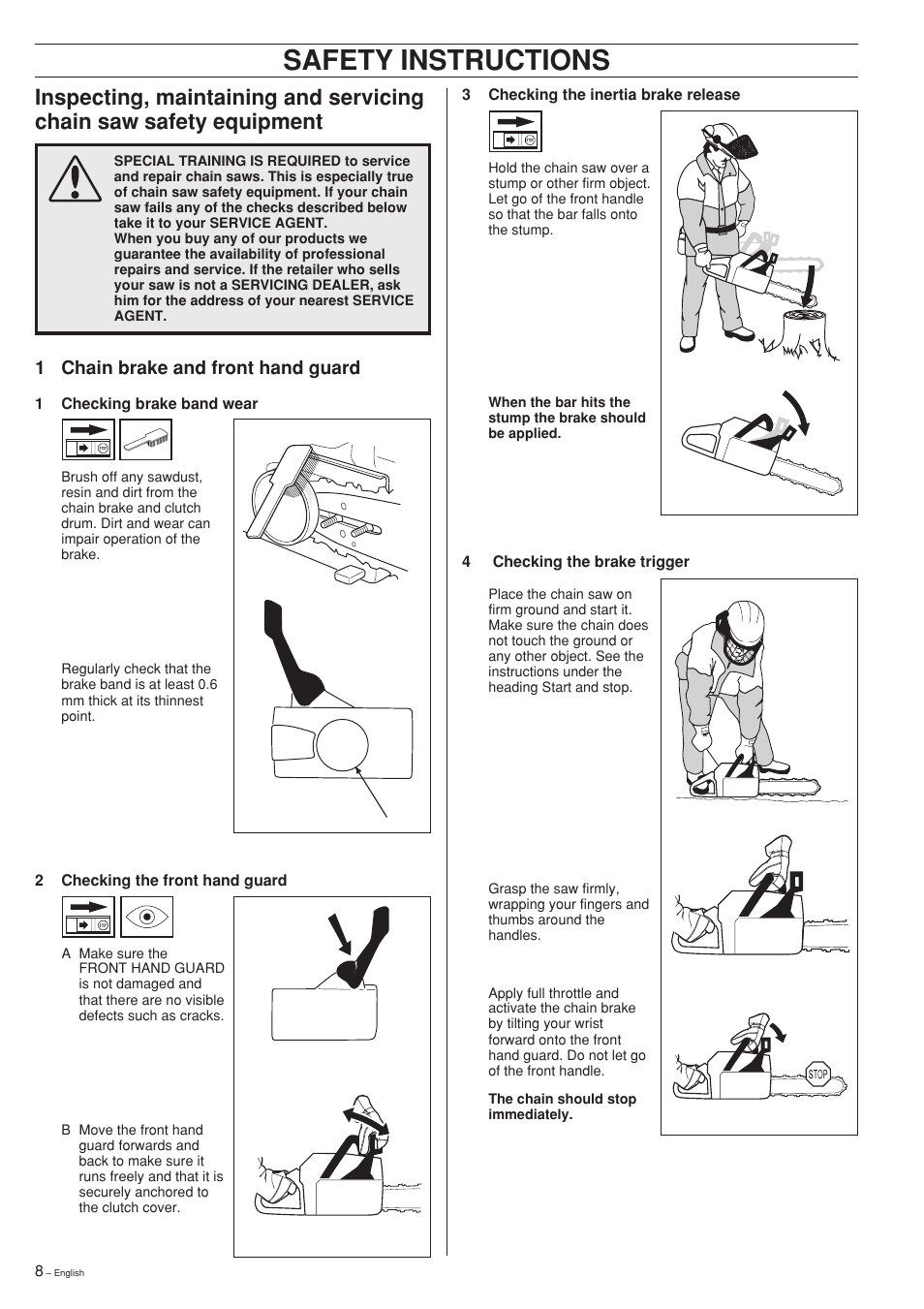 Safety instructions, 1 chain brake and front hand guard | Husqvarna 281XP User Manual | Page 8 / 36