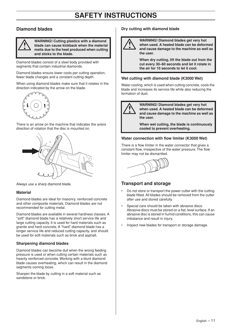 Diamond blades, Transport and storage, Safety instructions | Husqvarna 1152450-26 User Manual | Page 11 / 20
