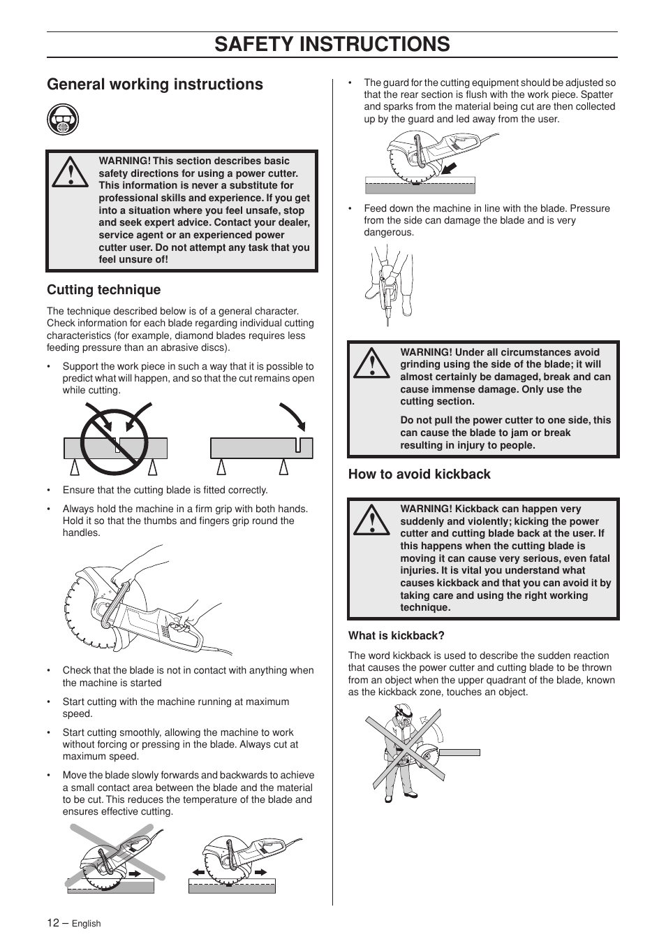 General working instructions, Cutting technique, How to avoid kickback | Safety instructions | Husqvarna 1152450-26 User Manual | Page 12 / 20