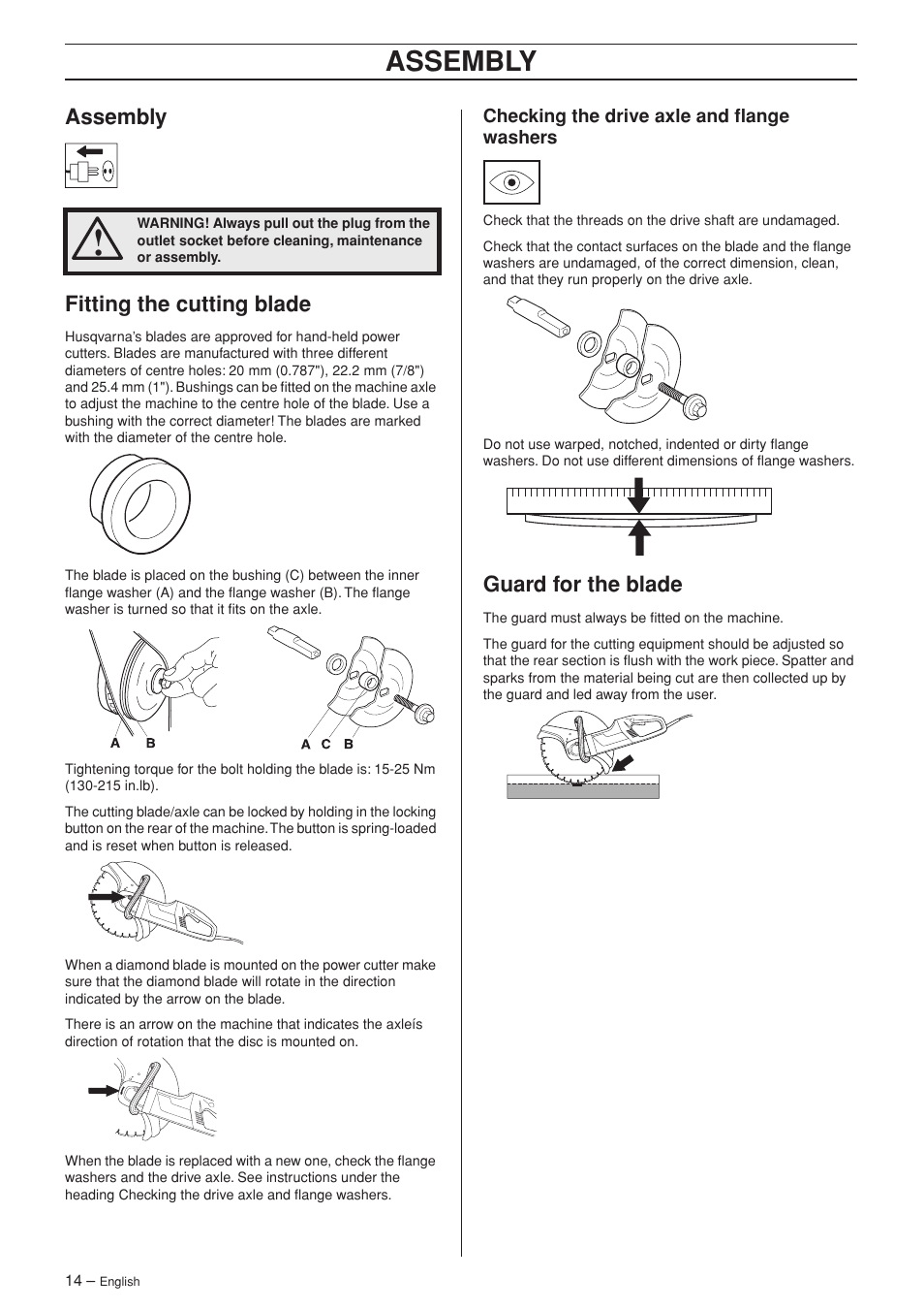 Assembly, Fitting the cutting blade, Checking the drive axle and flange washers | Guard for the blade, Assembly fitting the cutting blade | Husqvarna 1152450-26 User Manual | Page 14 / 20