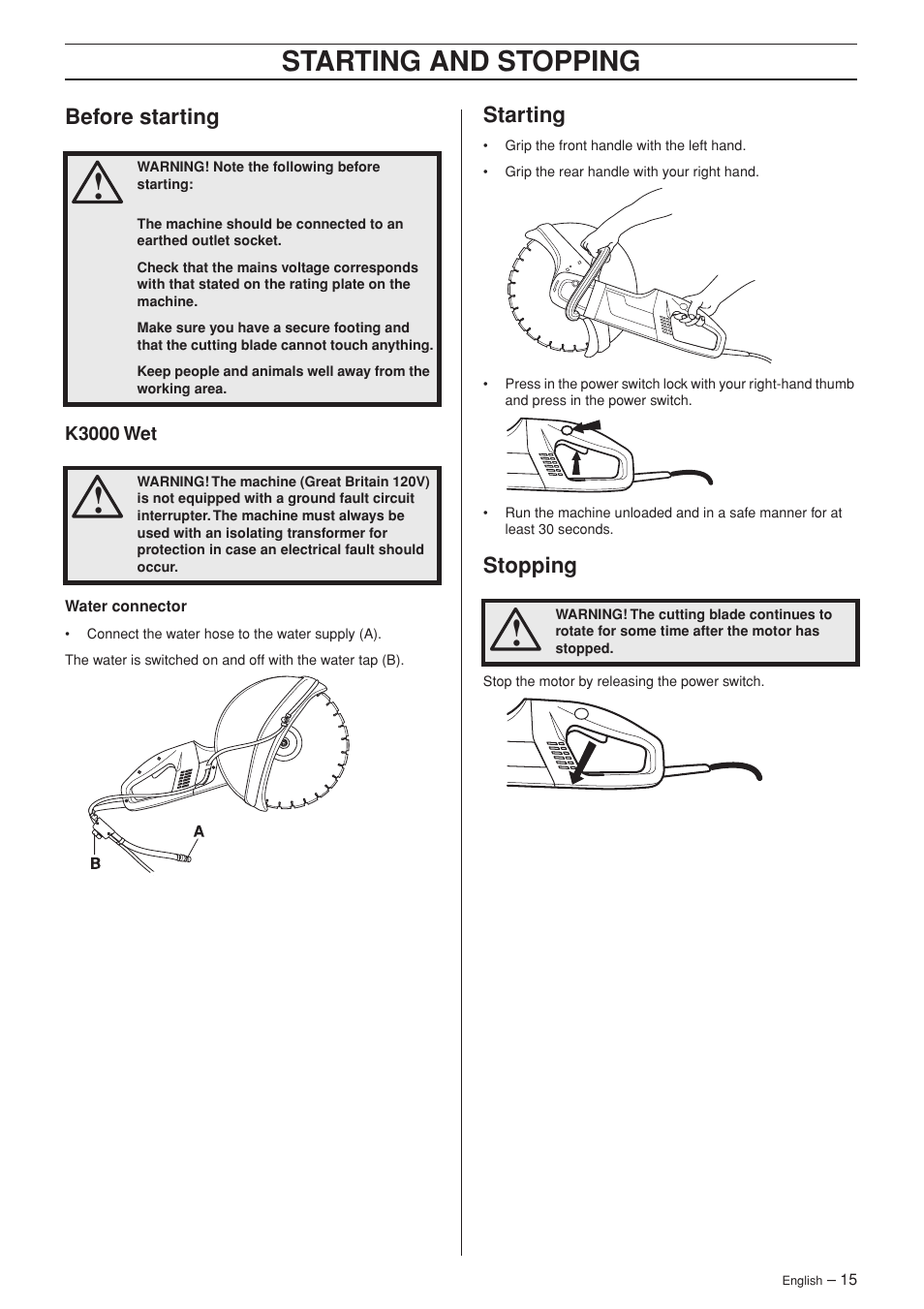 Before starting, K3000 wet, Starting | Stopping, Starting and stopping | Husqvarna 1152450-26 User Manual | Page 15 / 20