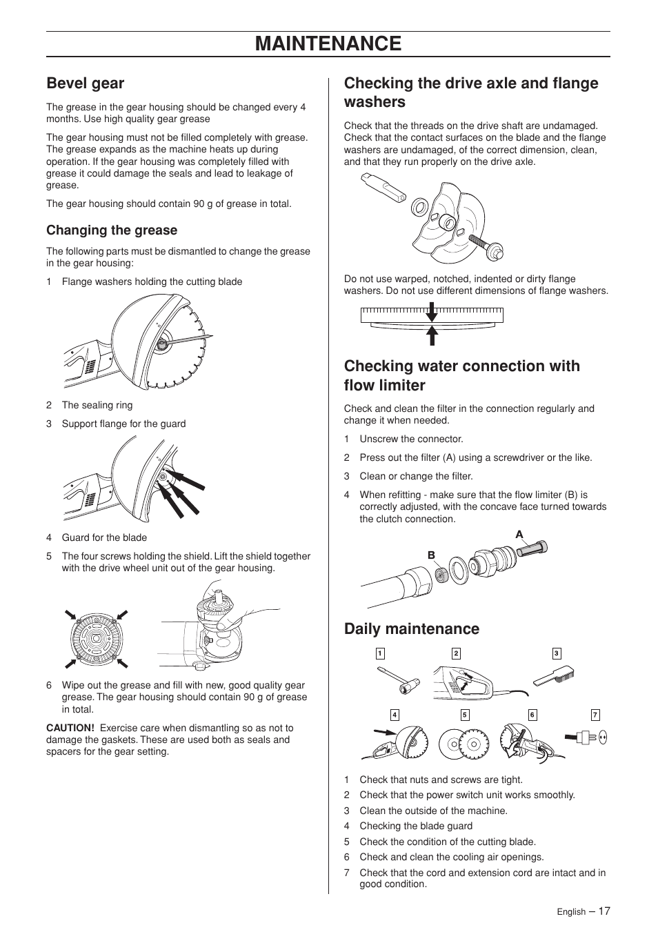 Bevel gear, Changing the grease, Checking the drive axle and flange washers | Checking water connection with flow limiter, Daily maintenance, Maintenance | Husqvarna 1152450-26 User Manual | Page 17 / 20