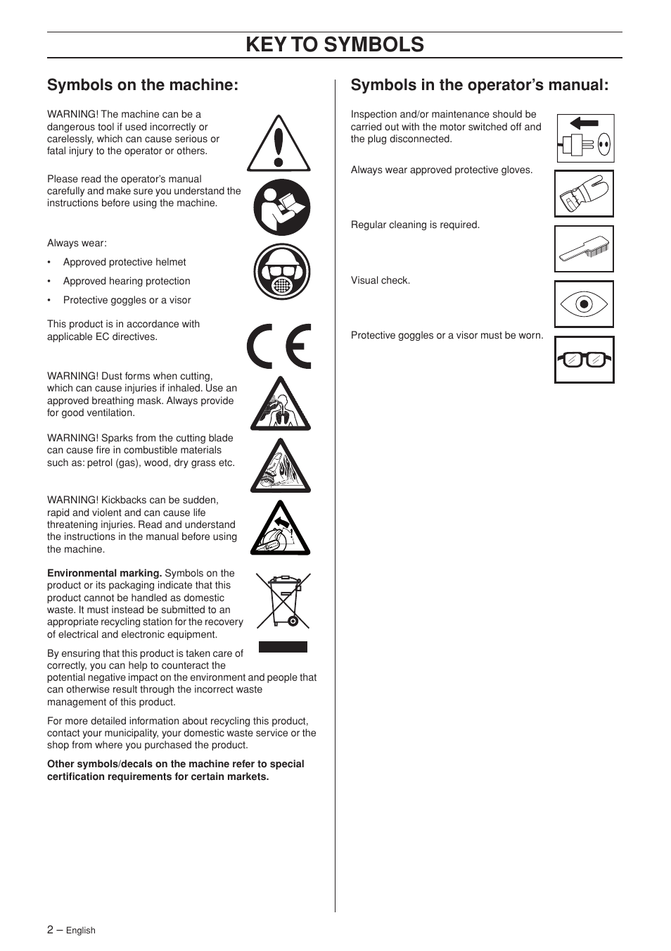 Symbols on the machine, Symbols in the operator’s manual, Key to symbols | Husqvarna 1152450-26 User Manual | Page 2 / 20