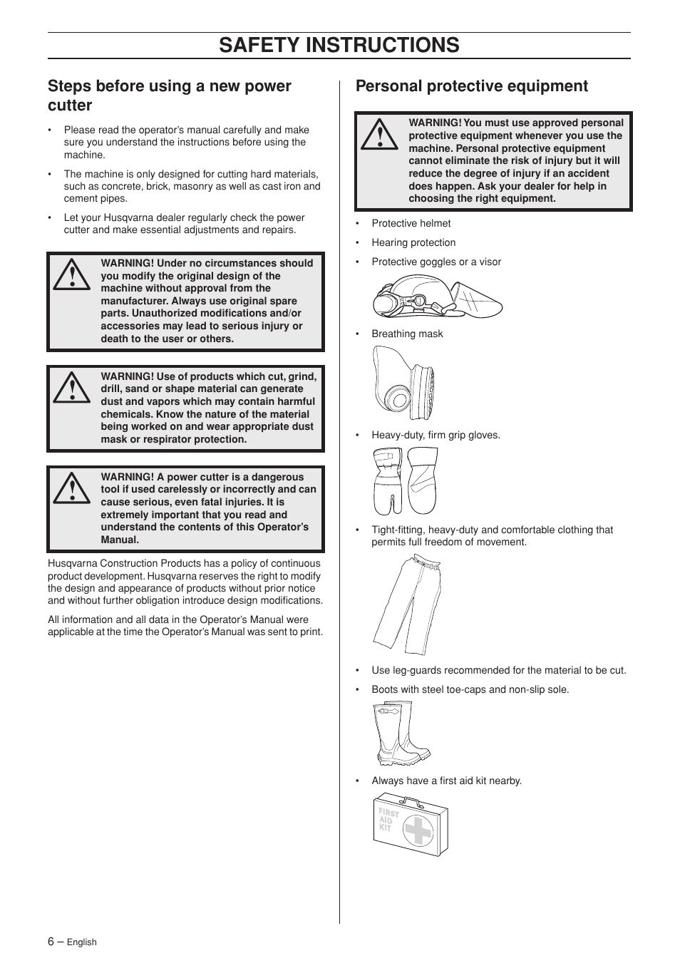 Steps before using a new power cutter, Personal protective equipment, Safety instructions | Husqvarna 1152450-26 User Manual | Page 6 / 20