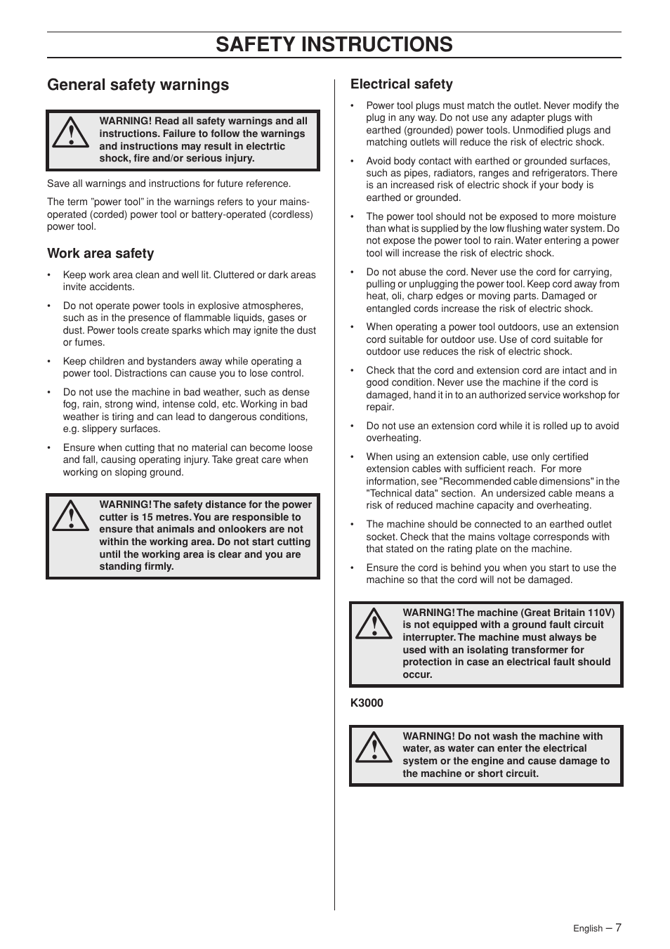 General safety warnings, Work area safety, Electrical safety | Safety instructions | Husqvarna 1152450-26 User Manual | Page 7 / 20