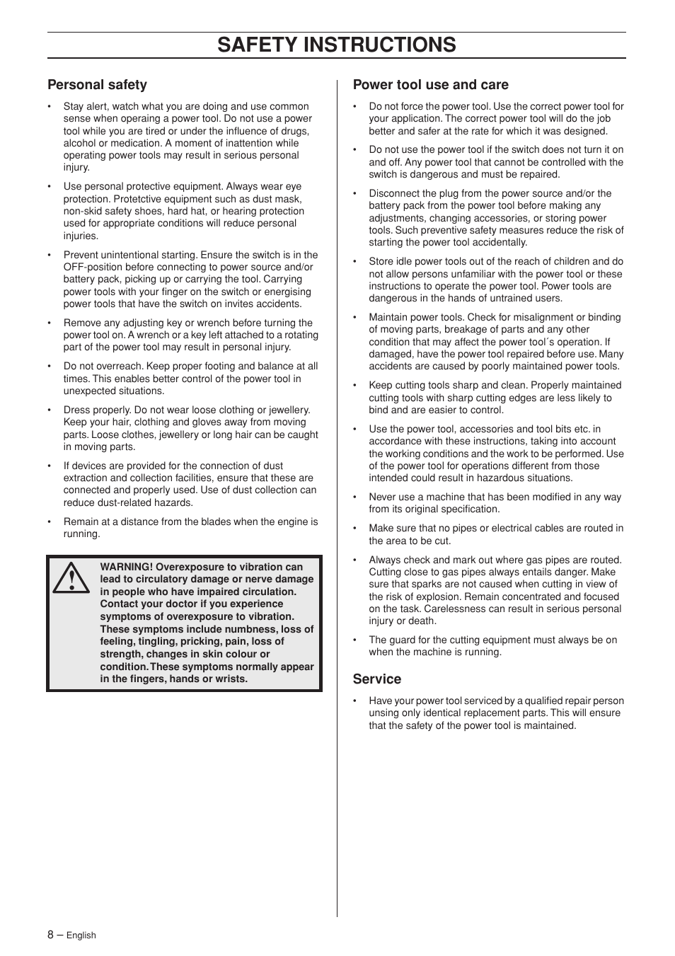 Personal safety, Power tool use and care, Service | Safety instructions | Husqvarna 1152450-26 User Manual | Page 8 / 20