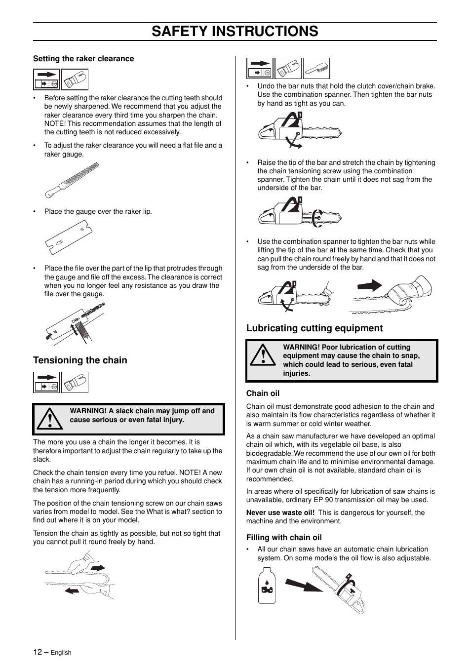 Safety instructions | Husqvarna 365 User Manual | Page 12 / 40