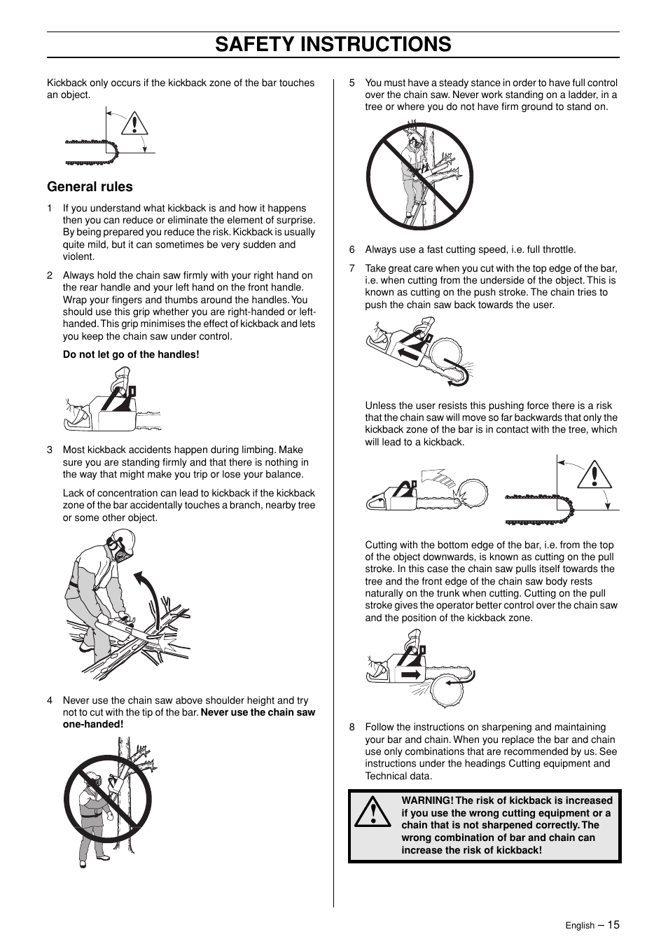 Safety instructions | Husqvarna 365 User Manual | Page 15 / 40