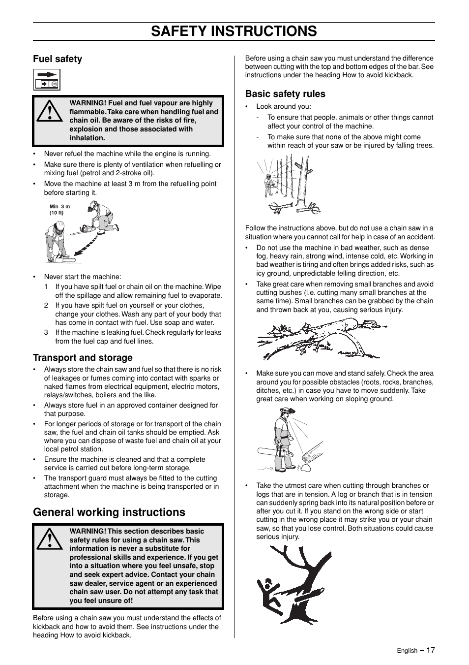 Safety instructions, General working instructions | Husqvarna 365 User Manual | Page 17 / 40