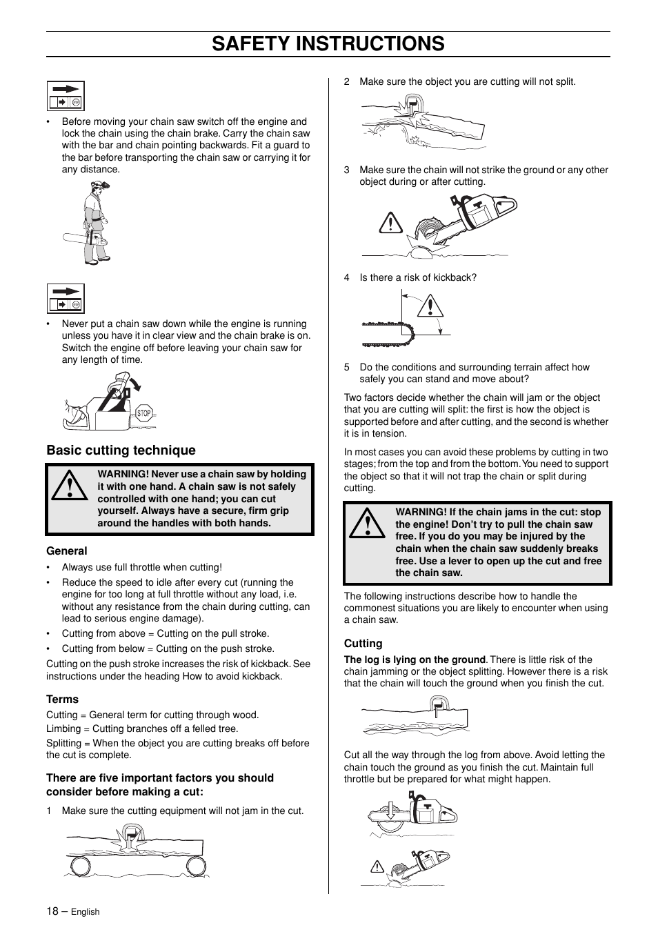 Safety instructions | Husqvarna 365 User Manual | Page 18 / 40