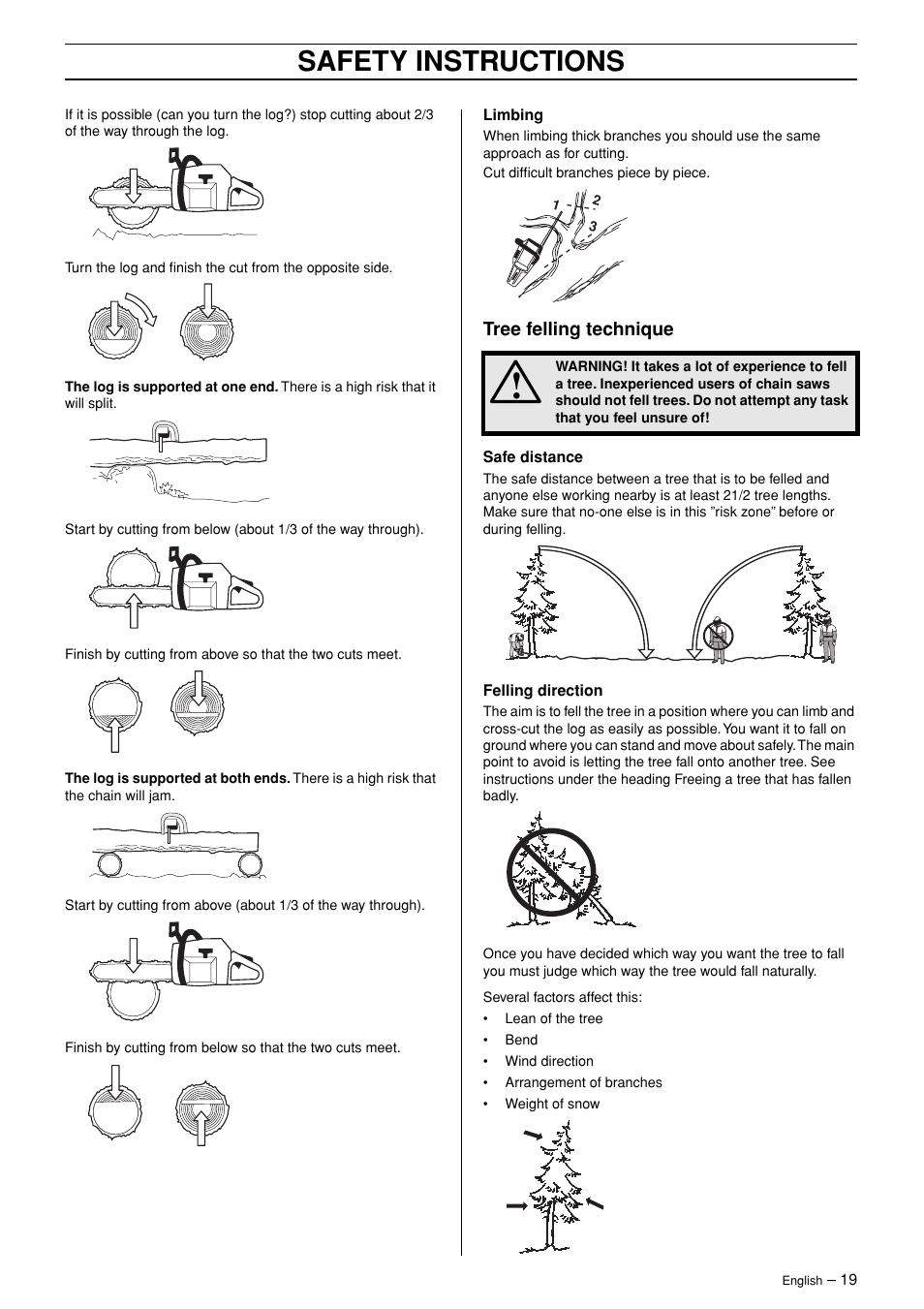 Safety instructions, Tree felling technique | Husqvarna 365 User Manual | Page 19 / 40