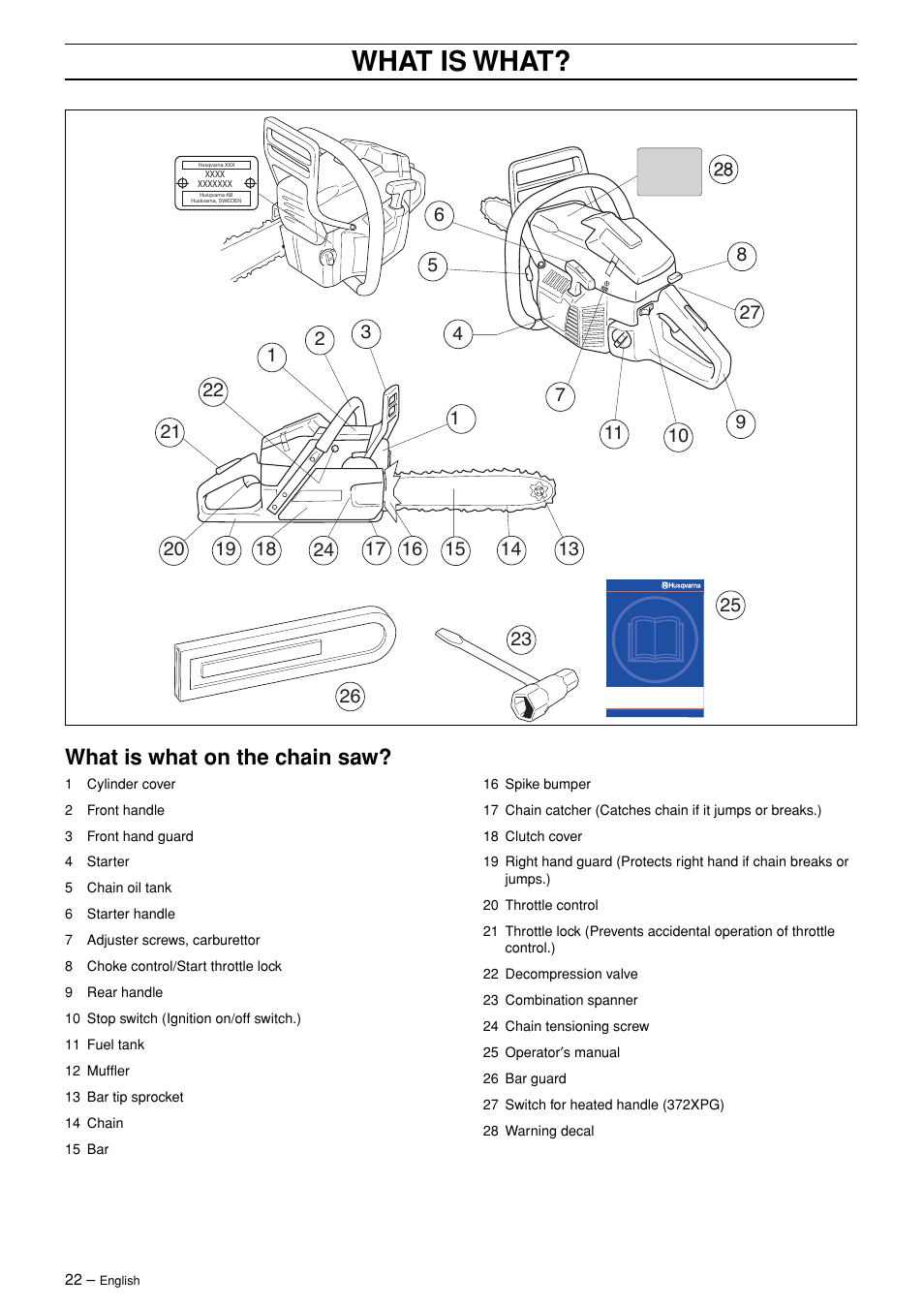 What is what, What is what on the chain saw | Husqvarna 365 User Manual | Page 22 / 40