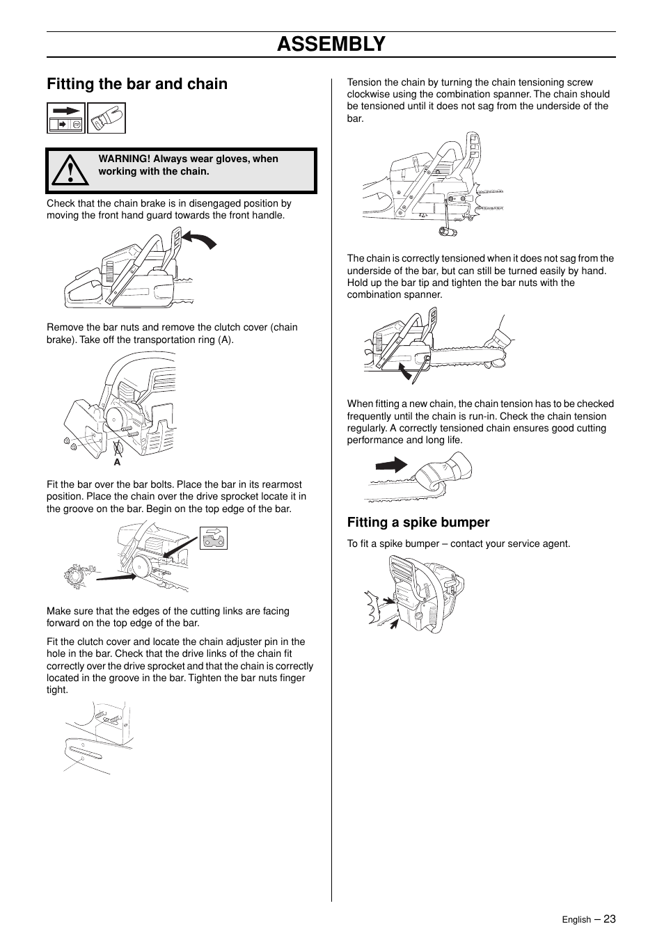 Assembly, Fitting the bar and chain | Husqvarna 365 User Manual | Page 23 / 40