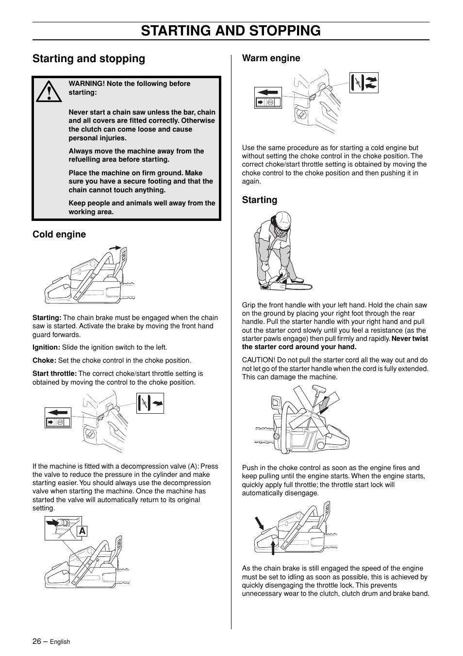 Starting and stopping | Husqvarna 365 User Manual | Page 26 / 40
