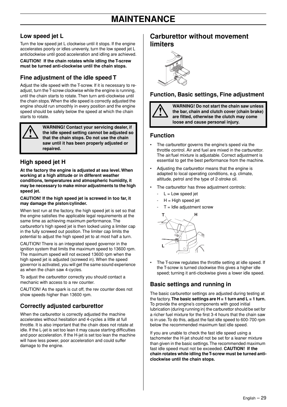 Maintenance, Carburettor without movement limiters | Husqvarna 365 User Manual | Page 29 / 40