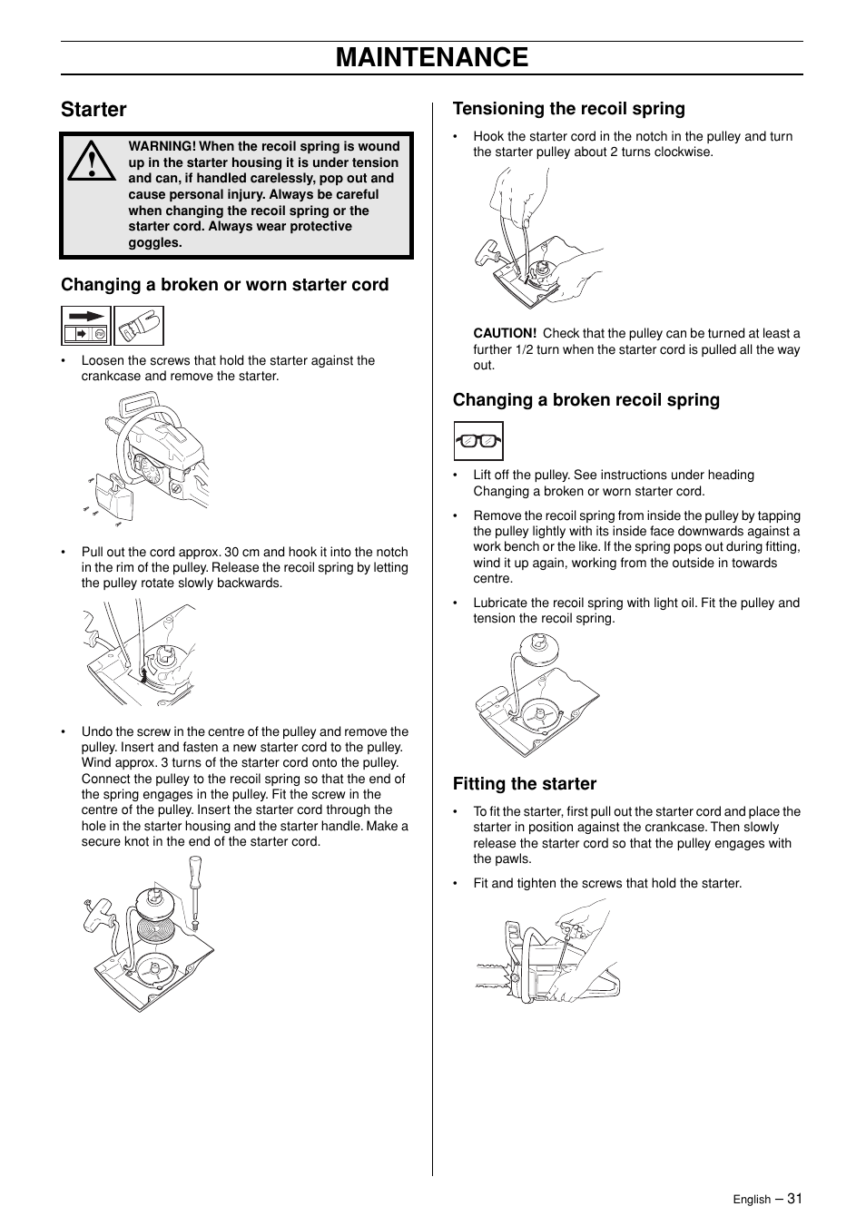 Maintenance, Starter | Husqvarna 365 User Manual | Page 31 / 40