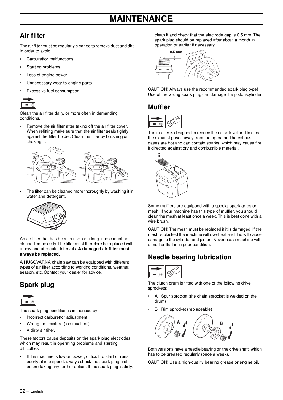 Maintenance, Air filter, Spark plug | Muffler, Needle bearing lubrication | Husqvarna 365 User Manual | Page 32 / 40