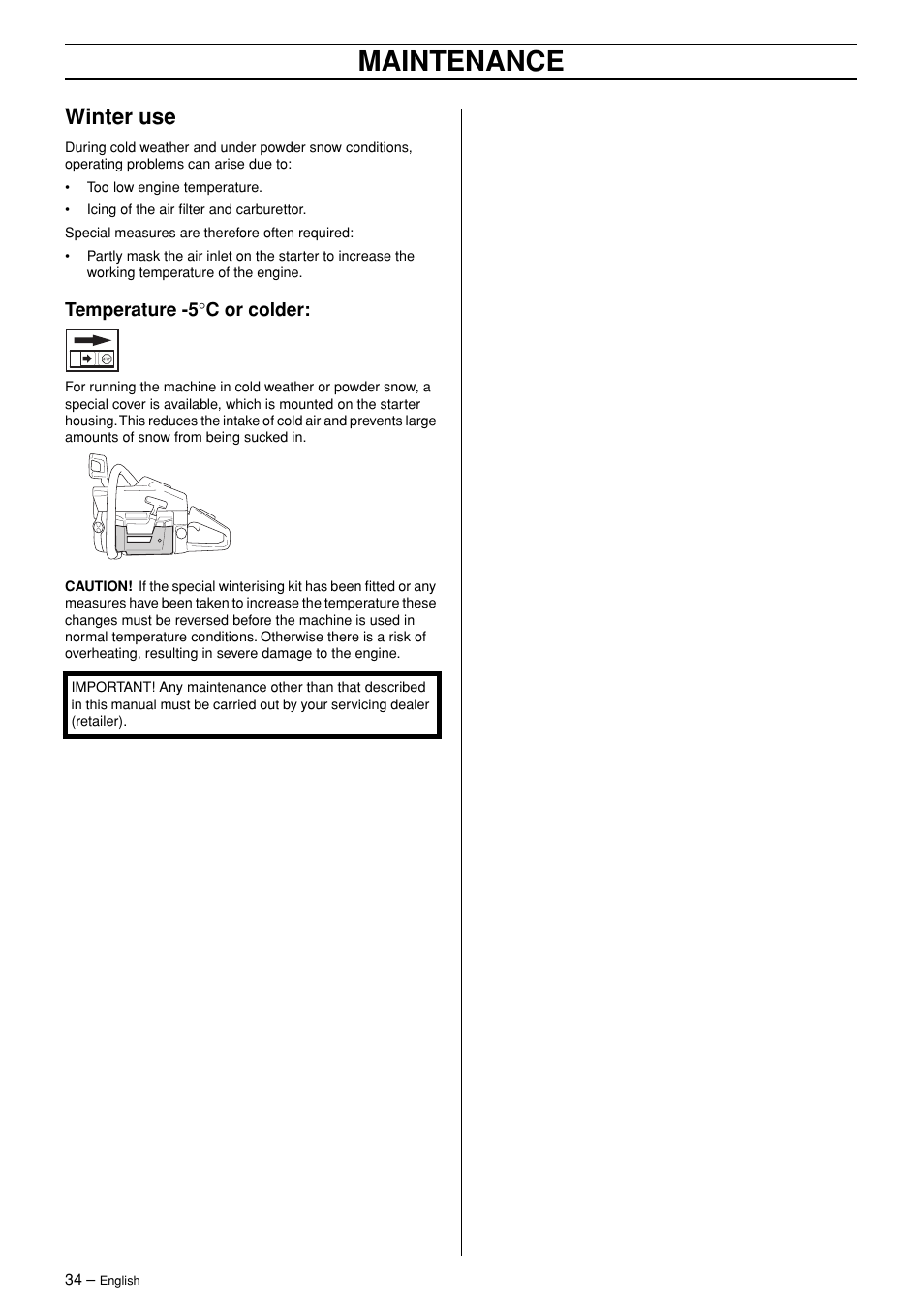 Maintenance, Winter use | Husqvarna 365 User Manual | Page 34 / 40