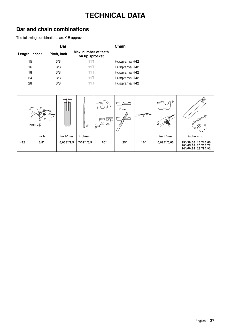 Bar and chain combinations, Technical data | Husqvarna 365 User Manual | Page 37 / 40