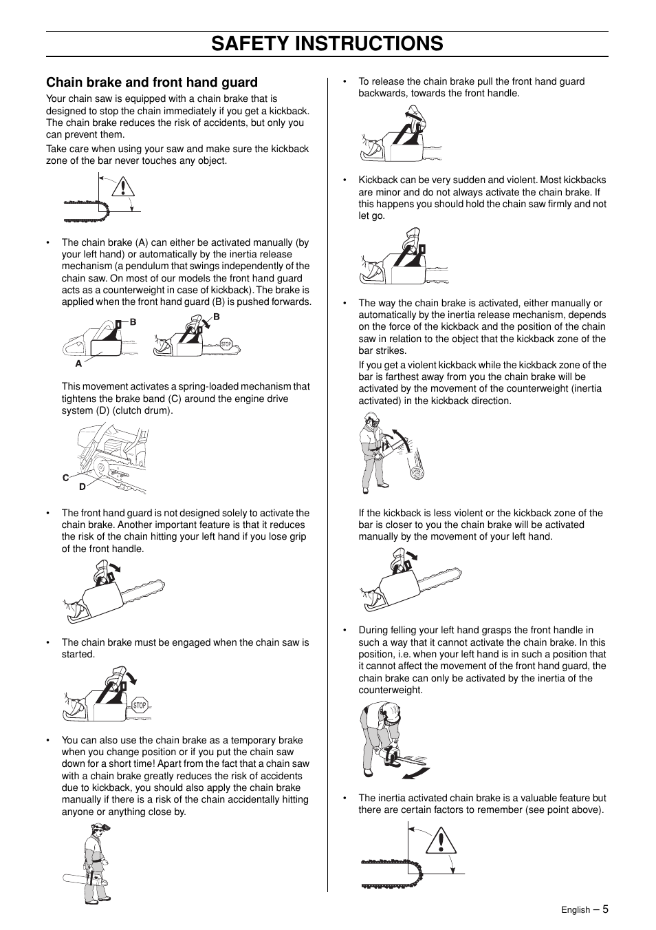 Safety instructions, Chain brake and front hand guard | Husqvarna 365 User Manual | Page 5 / 40