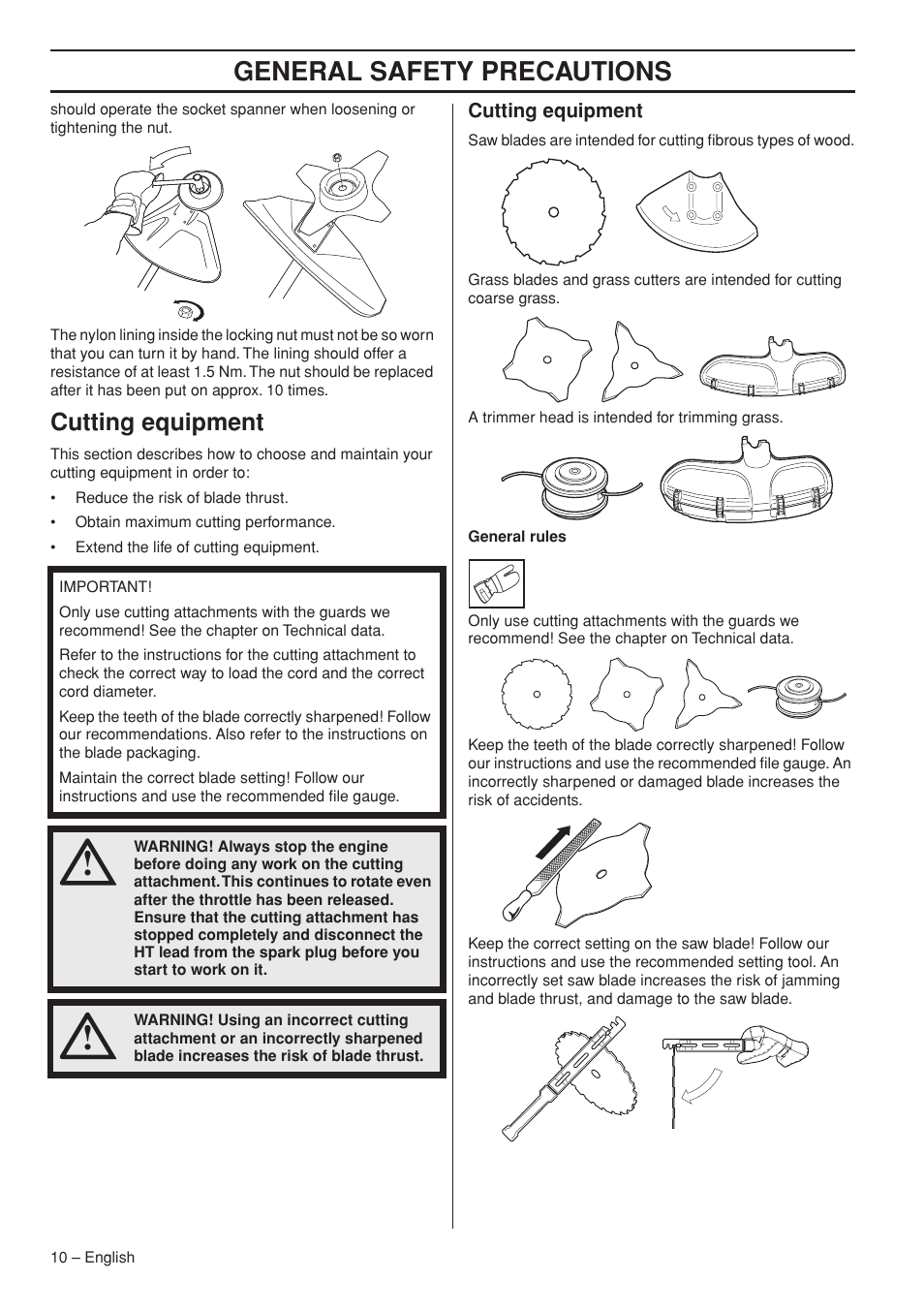 Cutting equipment, General safety precautions | Husqvarna 235F User Manual | Page 10 / 44
