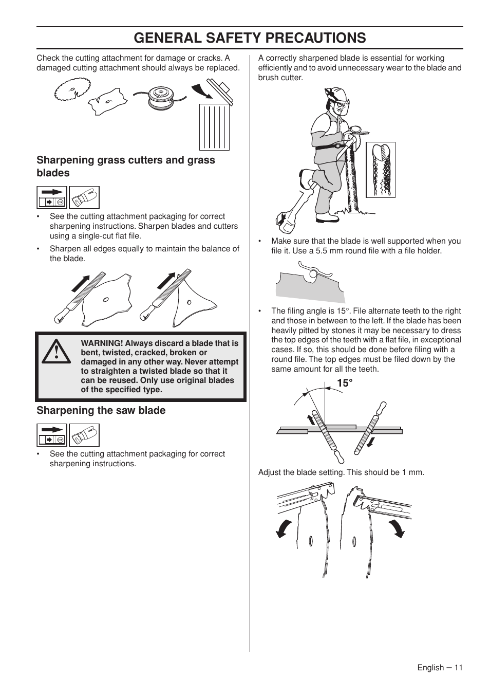 Sharpening grass cutters and grass blades, Sharpening the saw blade, General safety precautions | Husqvarna 235F User Manual | Page 11 / 44