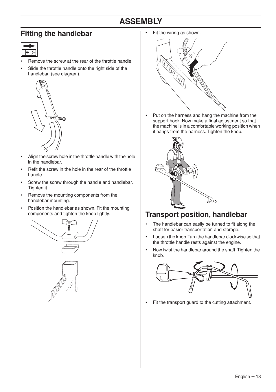 Fitting the handlebar, Transport position, handlebar, Assembly | Husqvarna 235F User Manual | Page 13 / 44