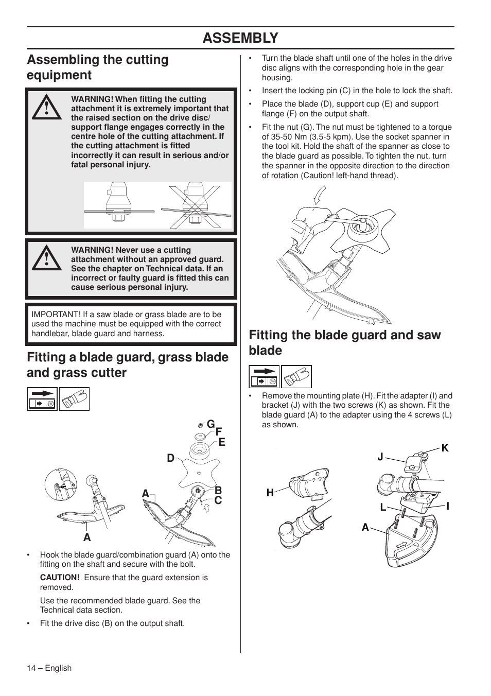 Assembling the cutting equipment, Fitting the blade guard and saw blade, Assembly | Husqvarna 235F User Manual | Page 14 / 44