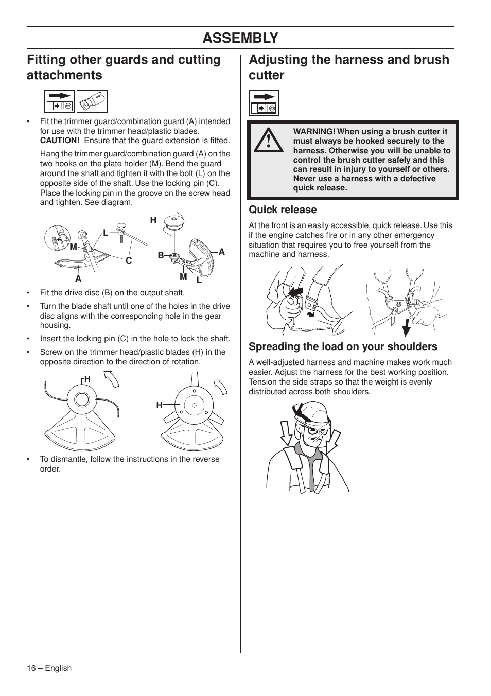 Fitting other guards and cutting attachments, Adjusting the harness and brush cutter, Quick release | Spreading the load on your shoulders, Assembly | Husqvarna 235F User Manual | Page 16 / 44