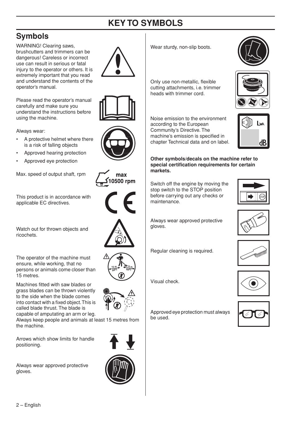 Symbols, Key t o symbols | Husqvarna 235F User Manual | Page 2 / 44