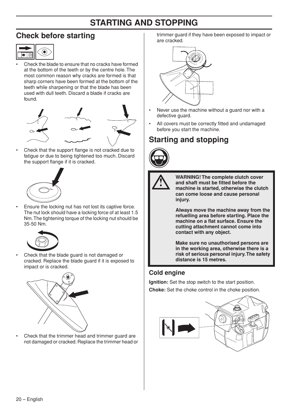 Check before starting, Starting and stopping, Cold engine | Husqvarna 235F User Manual | Page 20 / 44