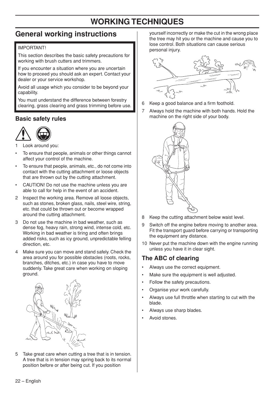 General working instructions, Basic safety rules, The abc of clearing | Working techniques | Husqvarna 235F User Manual | Page 22 / 44