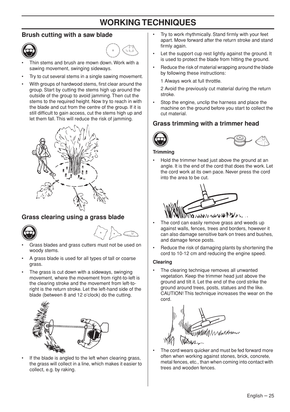 Brush cutting with a saw blade, Grass clearing using a grass blade, Grass trimming with a trimmer head | Working techniques | Husqvarna 235F User Manual | Page 25 / 44