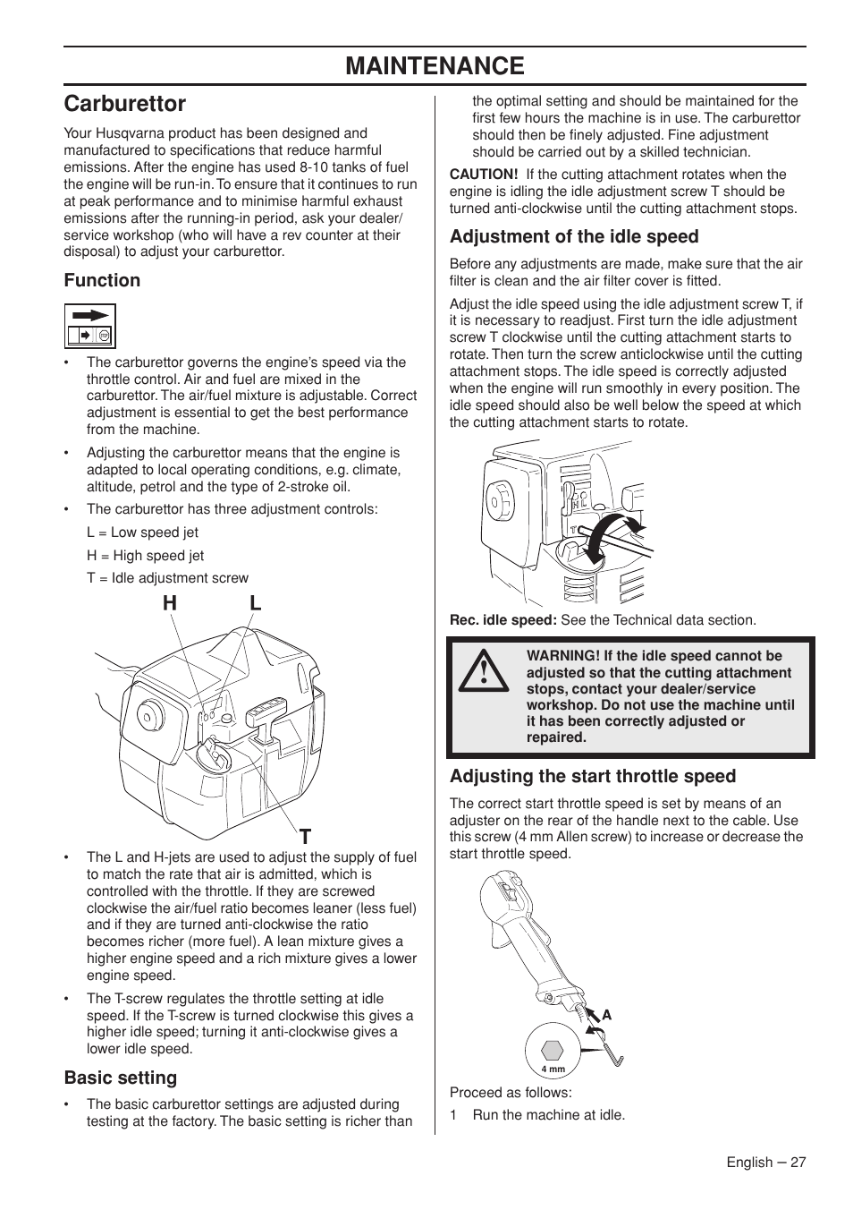 Carburettor, Function, Basic setting | Adjustment of the idle speed, Adjusting the start throttle speed, Maintenance | Husqvarna 235F User Manual | Page 27 / 44