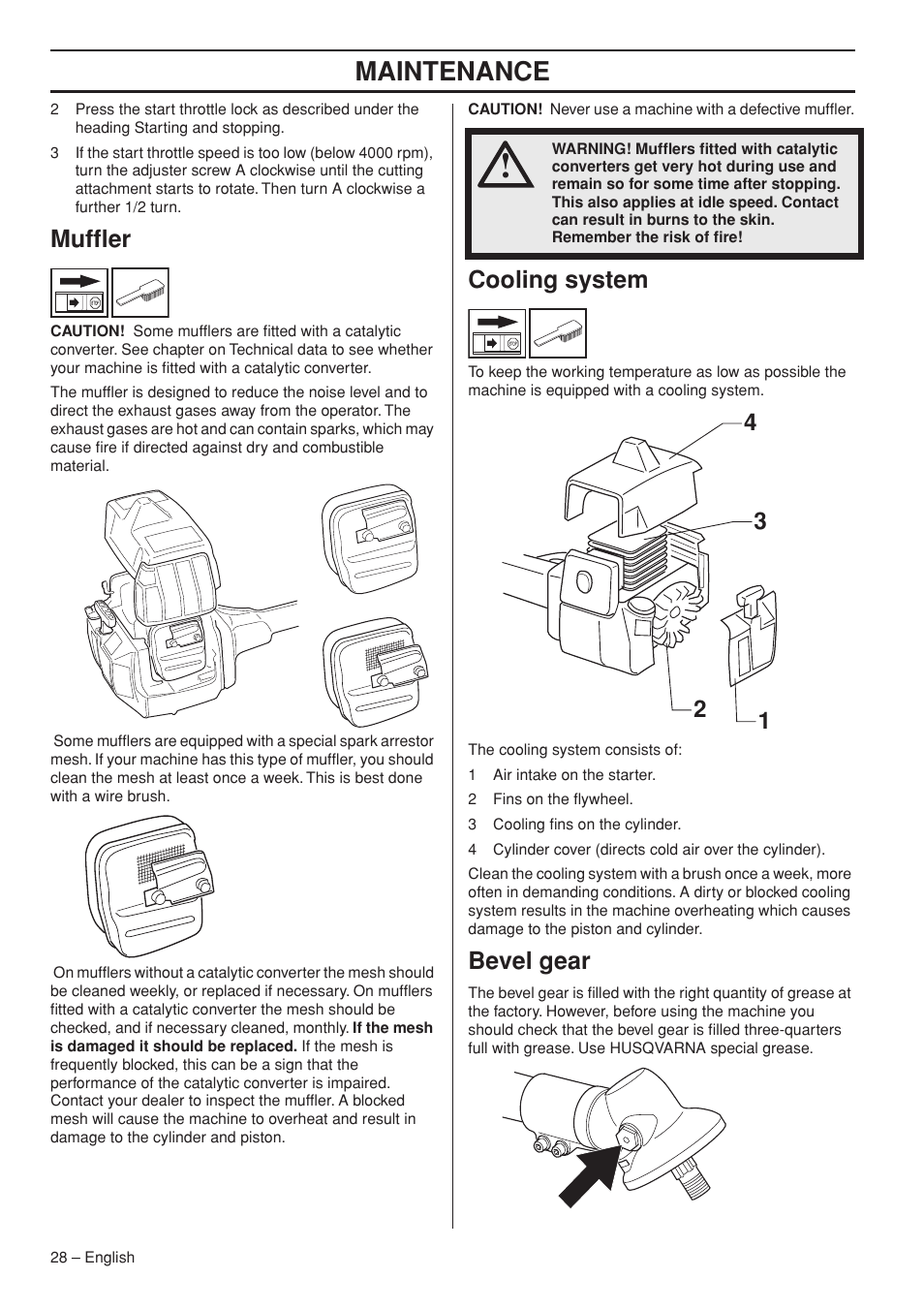 Muffler, Cooling system, Bevel gear | Maintenance | Husqvarna 235F User Manual | Page 28 / 44