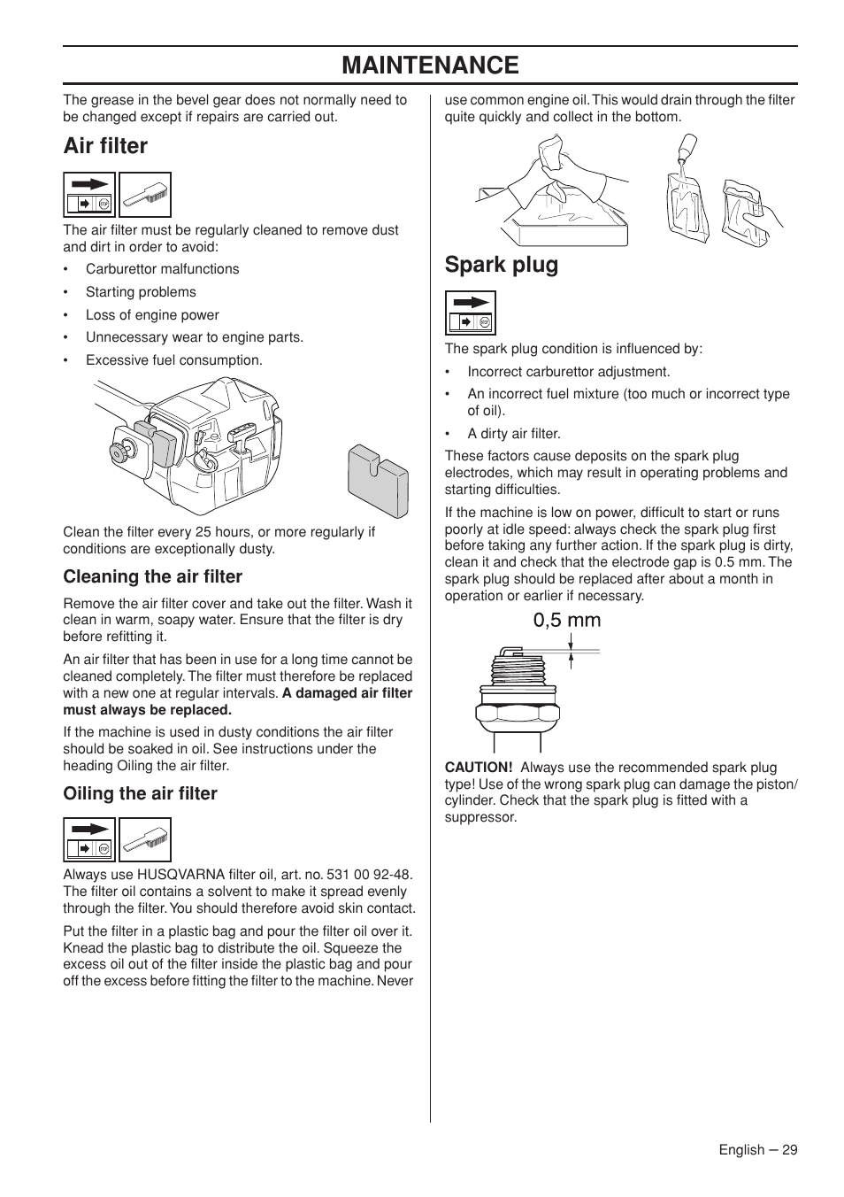 Air filter, Cleaning the air filter, Oiling the air filter | Spark plug, Maintenance | Husqvarna 235F User Manual | Page 29 / 44