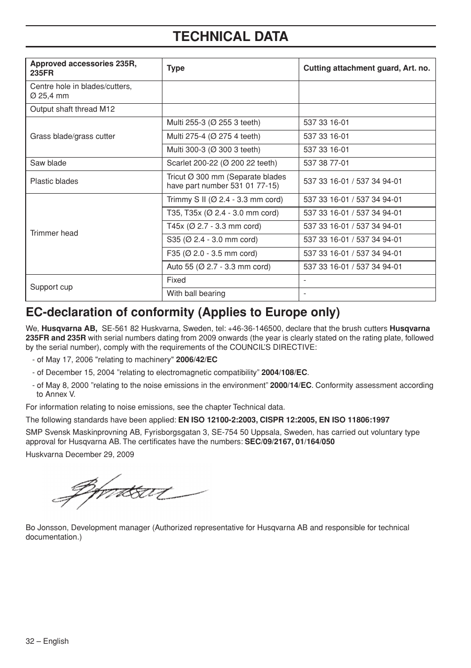 Technical data | Husqvarna 235F User Manual | Page 32 / 44