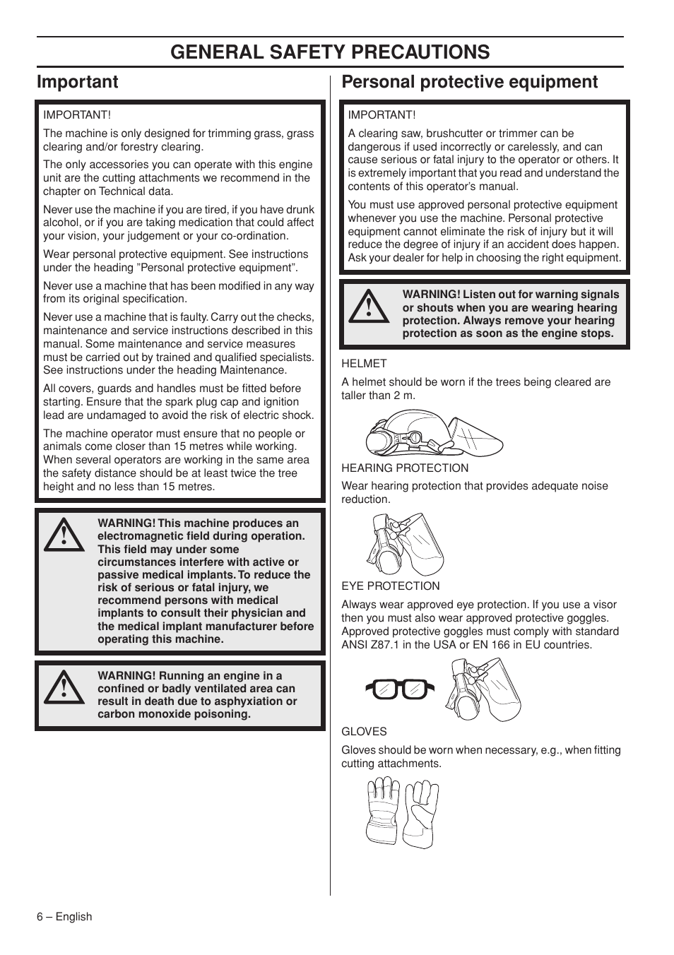 Important, Personal protective equipment, General safety preca utions | Impor tant personal protective equipment | Husqvarna 235F User Manual | Page 6 / 44