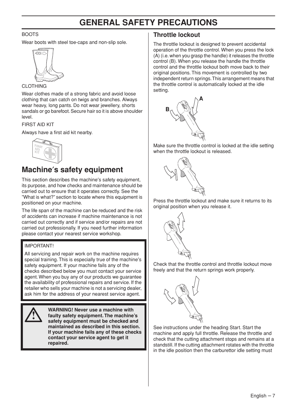 Machine¢s safety equipment, Throttle lockout, General safety preca utions | Mac hine ′ s safety equipment | Husqvarna 235F User Manual | Page 7 / 44