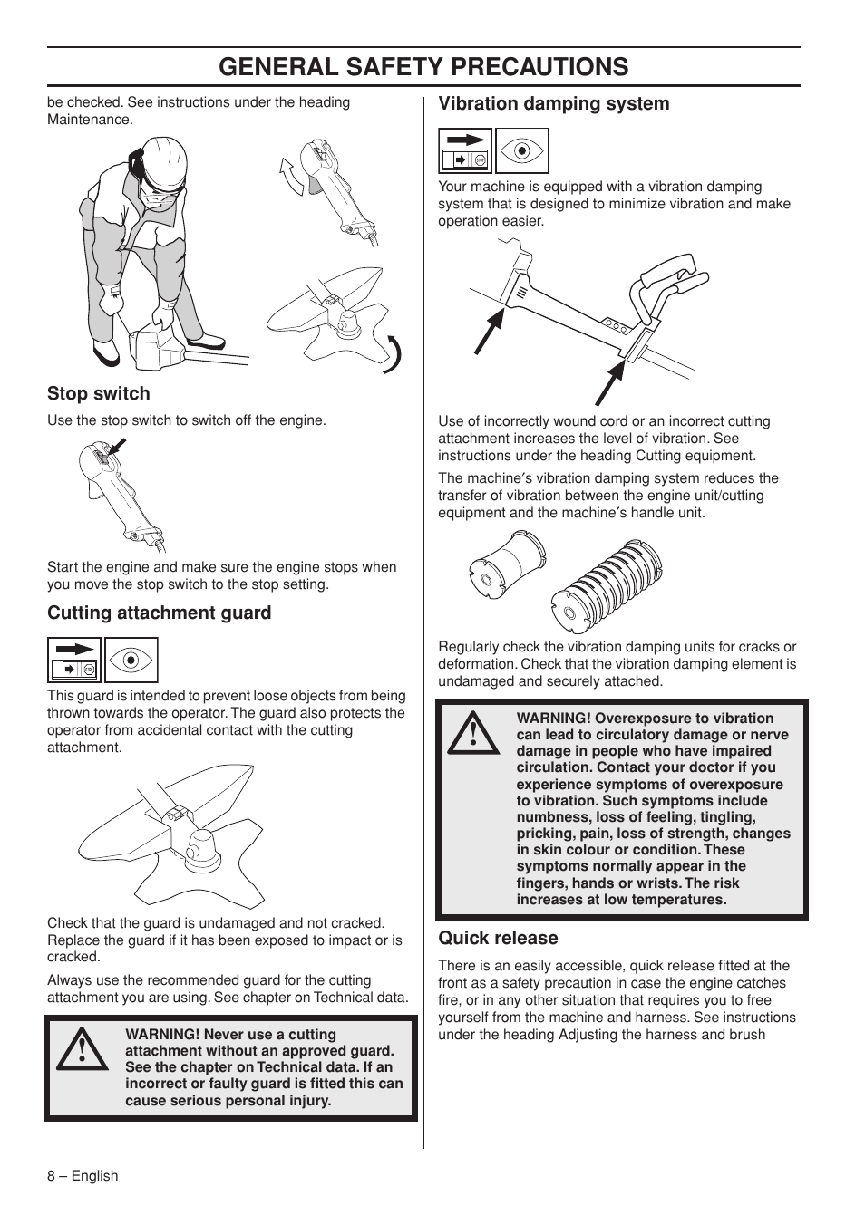 Stop switch, Cutting attachment guard, Vibration damping system | Quick release, General safety preca utions | Husqvarna 235F User Manual | Page 8 / 44