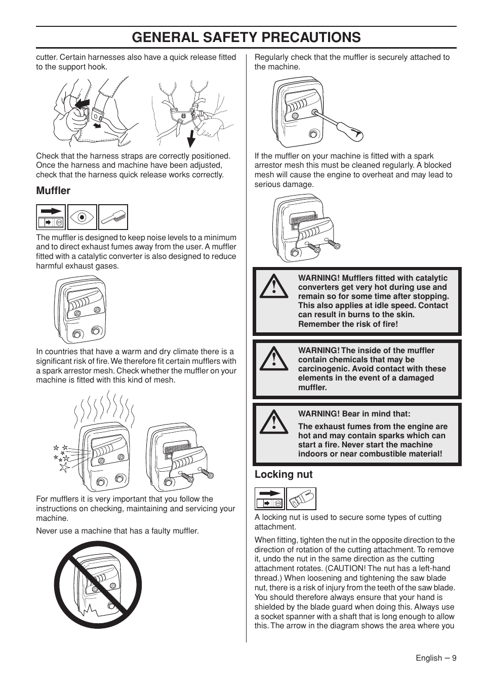 Muffler, Locking nut, General safety precautions | Husqvarna 235F User Manual | Page 9 / 44