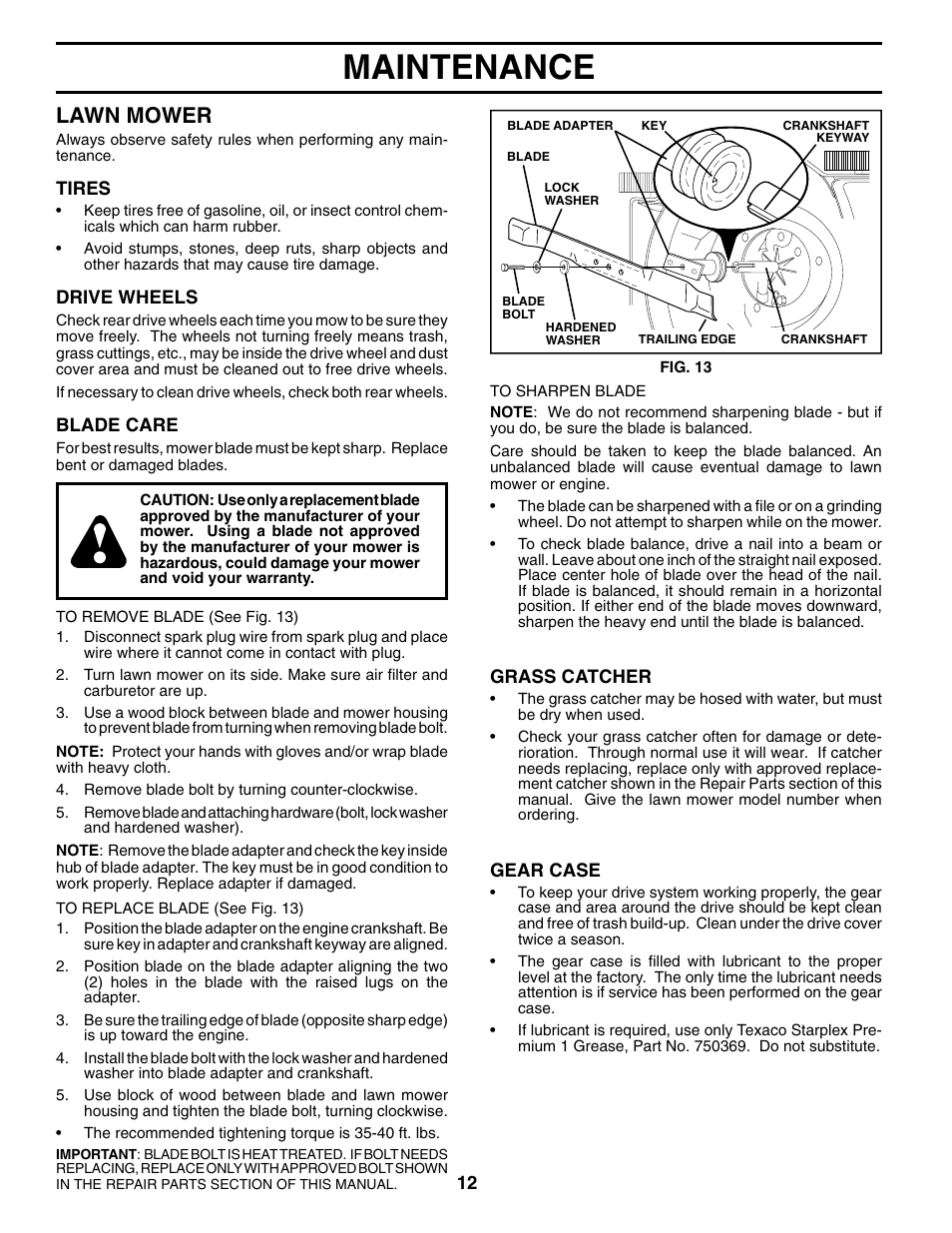Maintenance, Lawn mower | Husqvarna 7021RES User Manual | Page 12 / 22