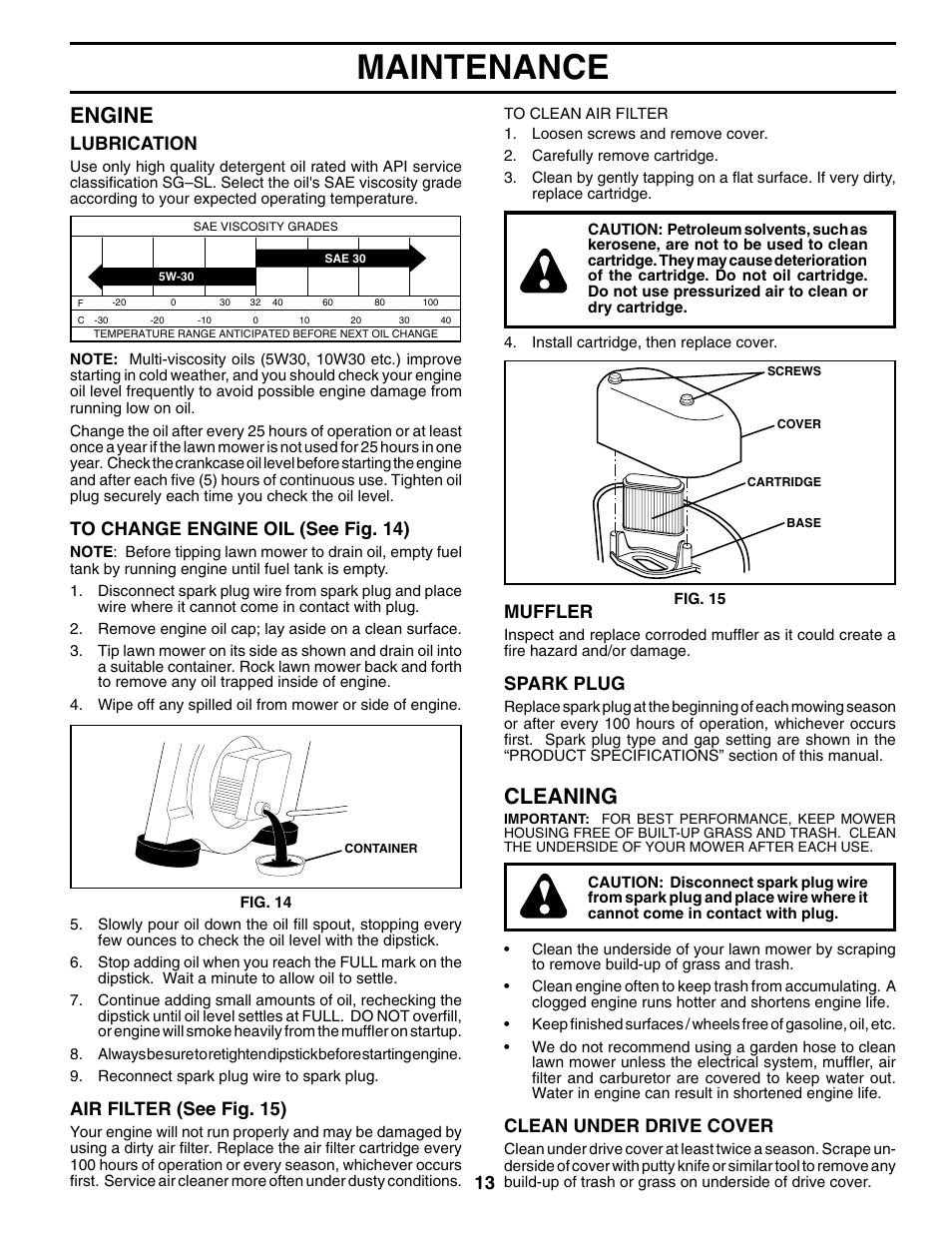 Maintenance, Engine, Cleaning | Lubrication, Air filter (see fig. 15), Muffler, Spark plug, Clean under drive cover | Husqvarna 7021RES User Manual | Page 13 / 22