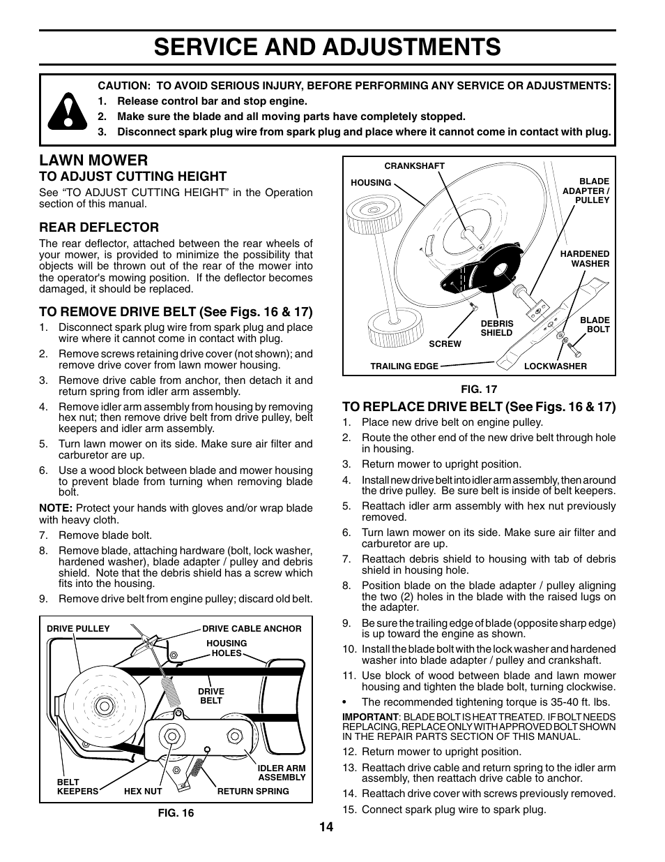 Service/ adjustments, Service and adjustments, Lawn mower | Husqvarna 7021RES User Manual | Page 14 / 22