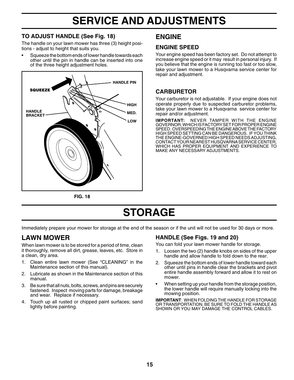 Storage, Service and adjustments, Engine | Lawn mower | Husqvarna 7021RES User Manual | Page 15 / 22