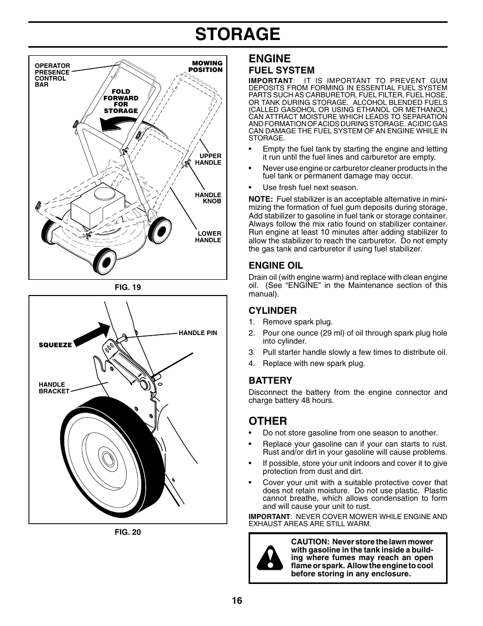 Storage, Engine, Other | Husqvarna 7021RES User Manual | Page 16 / 22